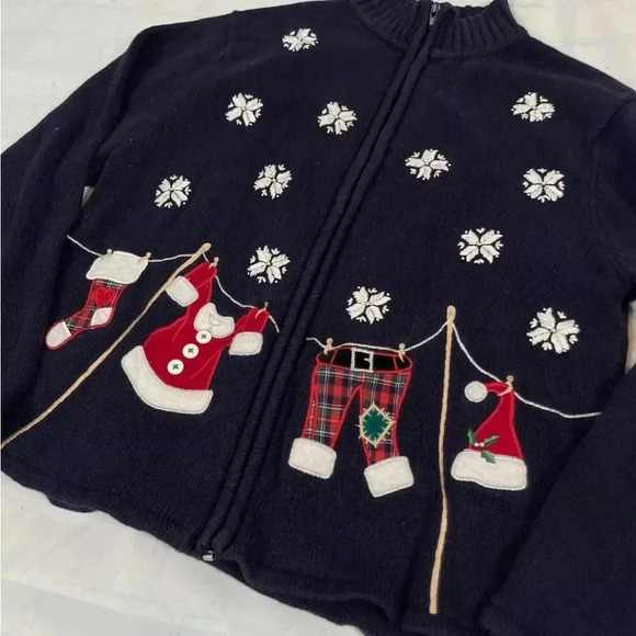 Crystal Kobe Blue Christmas Zip cardigan Sweater Santa's clothes snowflakes M - Picture 14 of 16